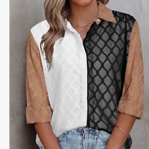 New Honey Comb Textured Button Down Blouse - Picture 2 of 5